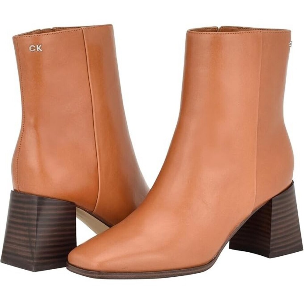 Calvin Klein Broma Boots Women's 9 Brown Leather Block Heel Ankle Bootie LION336